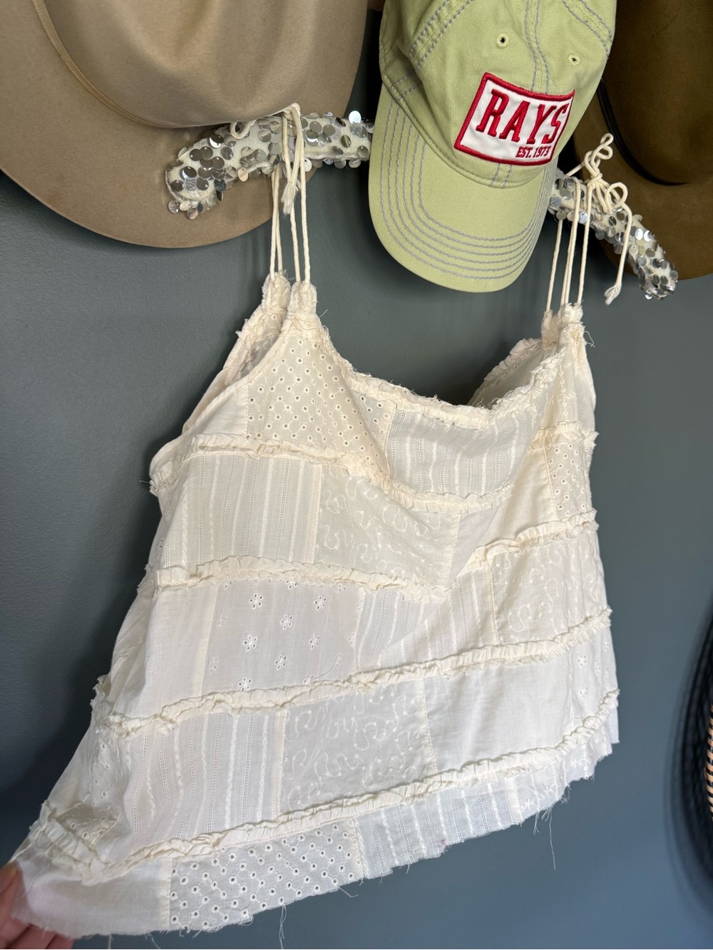Handmade Cream eyelet Lace Patchwork tie tank Top OS